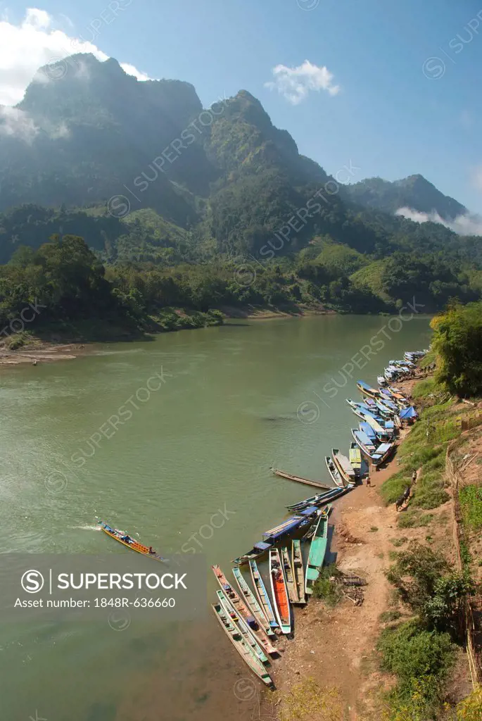 River landscape, many boats on the shore, Nam Ou river, Nong Khiao, Luang Prabang province, Laos, Southeast Asia, Asia