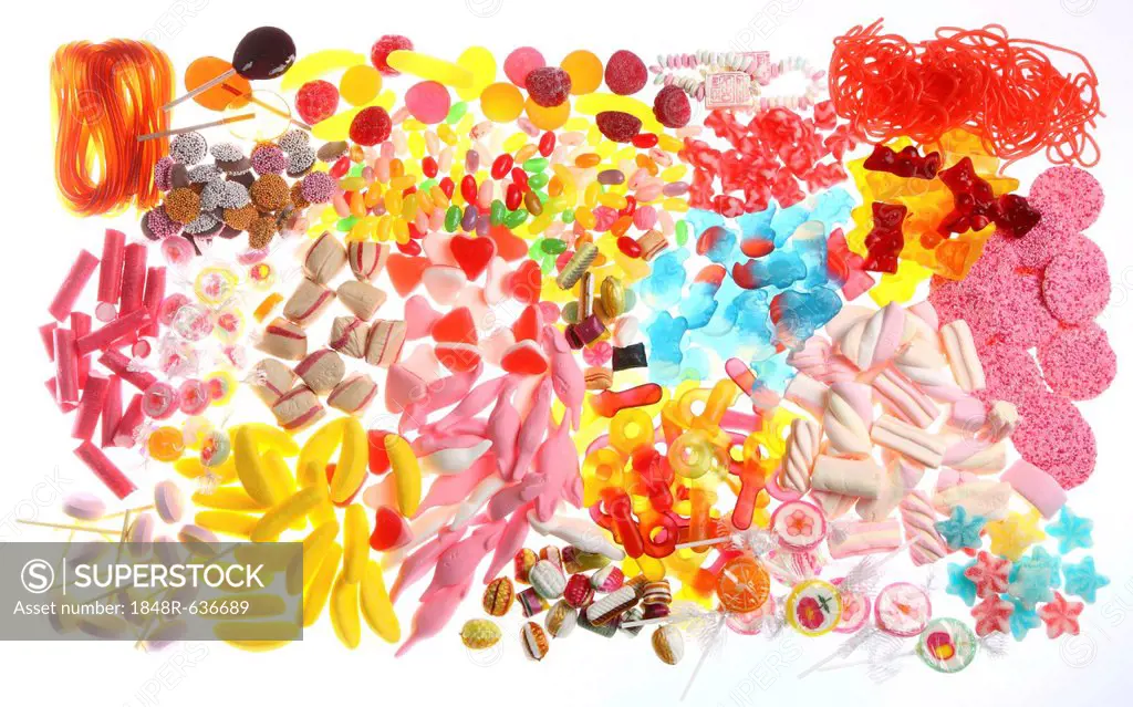 Clear plastic bags with a variety of fruit gums, marshmallows, candies, lollipops, cookies and gummy bears