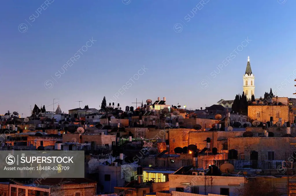 Evening mood, view over the Christian Quarter, Old City of Jerusalem, Israel, Middle East