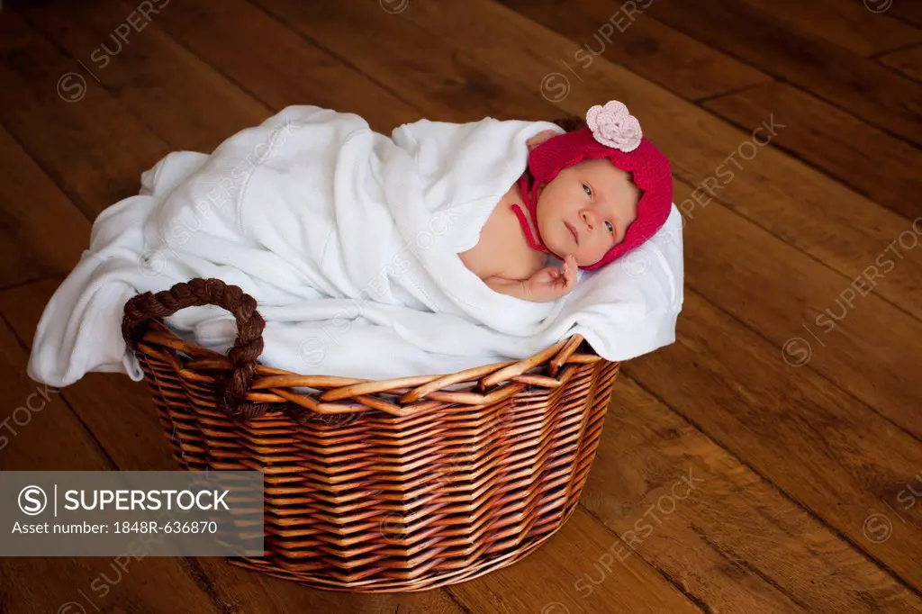 Newborn baby girl, two weeks old, with little red cap, lying in a basket