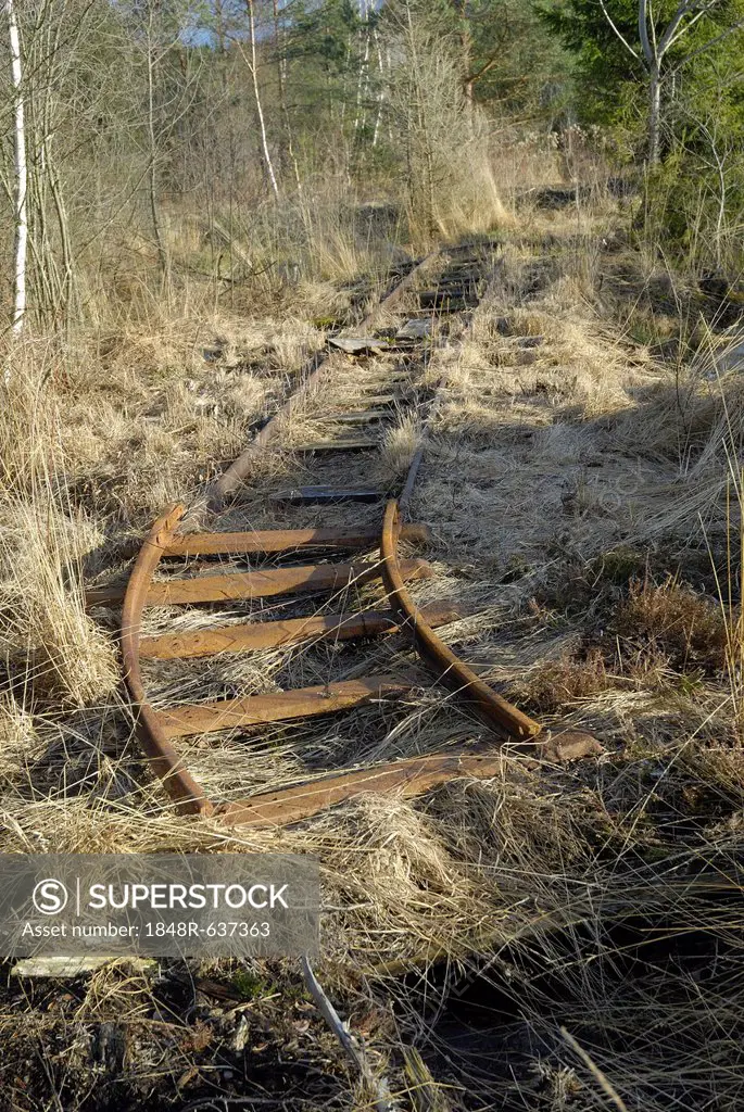 Abandoned railroad track in a peat cutting area, Stammbecken Moor, near Rosenheim, Alp foothills, Bavaria, Germany, Europe