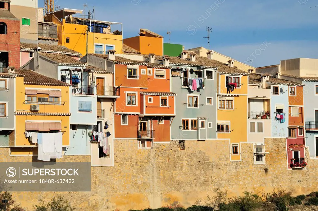 Colourful building facades, Villajoiosa, Costa Blanca, Spain, Europe