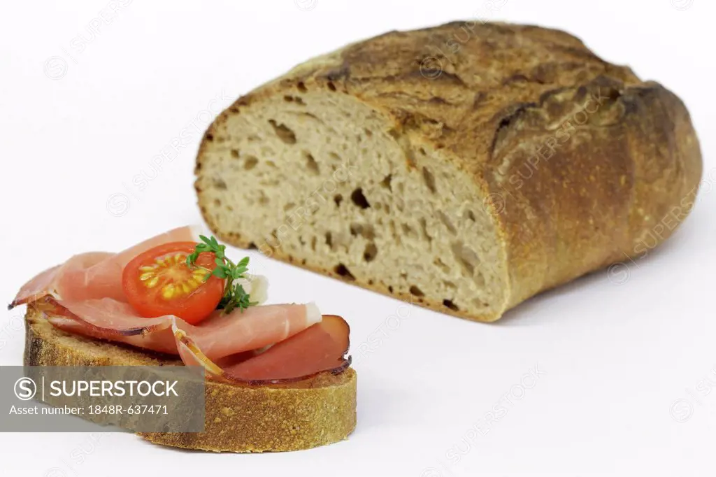 Crusty bread and Black Forest smoked ham, cherry tomato and cress