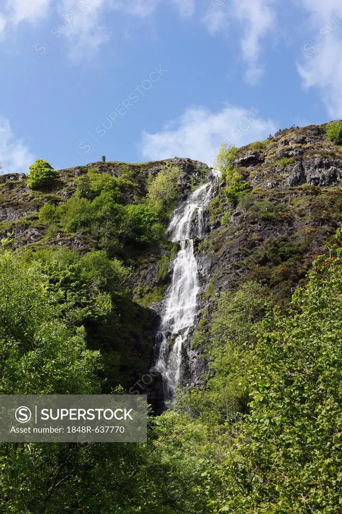 Altnagowna waterfall, also known as the Grey Mare's Tail, Glenariff valley, Glens of Antrim, County Antrim, Northern Ireland, Ireland, Great Britain, ...