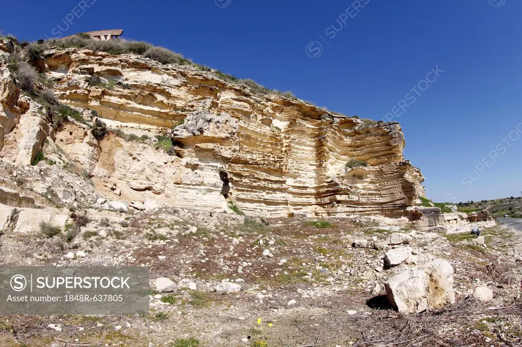 Sandstone cliffs below the Theater of Kourion, Southern Cyprus, Cyprus, Greece, Europe