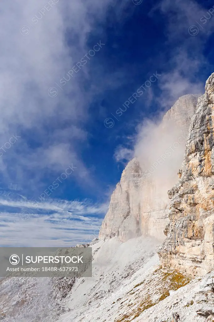 View during the ascent of Mt Piz Boe, Piazzetta via ferrata, Dolomites, South Tyrol, Italy, Europe