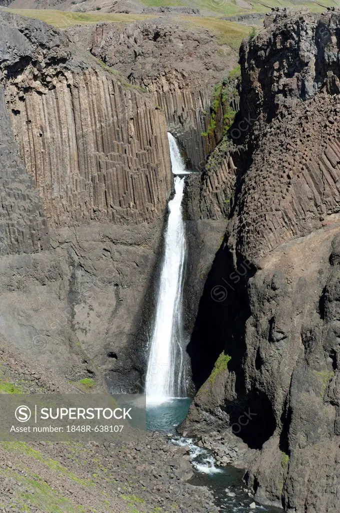 Basalt, basalt columns, Litlanesfoss waterfall near Egilsstaðir, Iceland, Scandinavia, Northern Europe, Europe