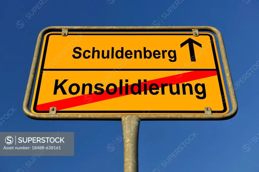 City limit sign, symbolic image in German for the conflict between debt and consolidation