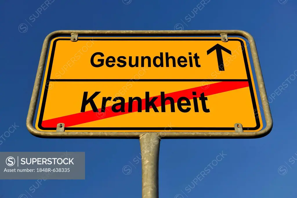City limit sign, symbolic image for the way from Krankheit to Gesundheit, German for going from being sick to regaining health