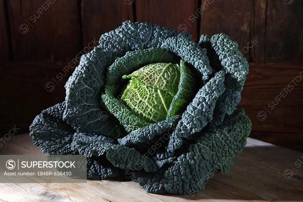Savoy cabbage (Brassica oleracea convar. Capitata var. sabauda L.), on a rustic wooden surface