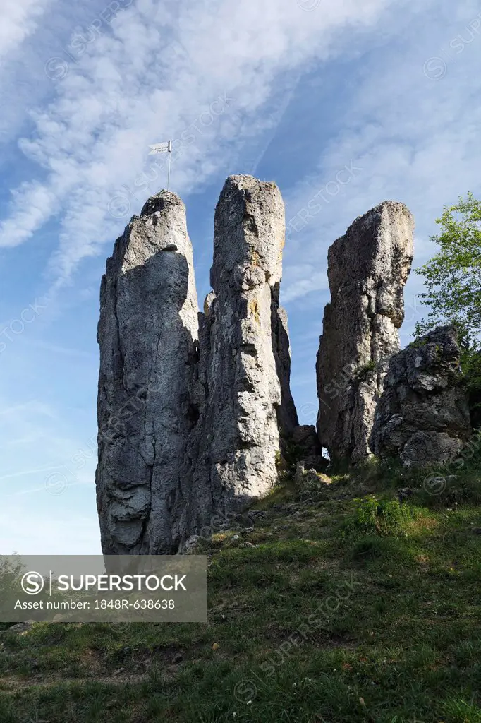 Drei Zinnen rocks near Grossenohe, municipality of Hiltpoltstein, Little Switzerland, Upper Franconia, Franconia, Bavaria, Germany, Europe