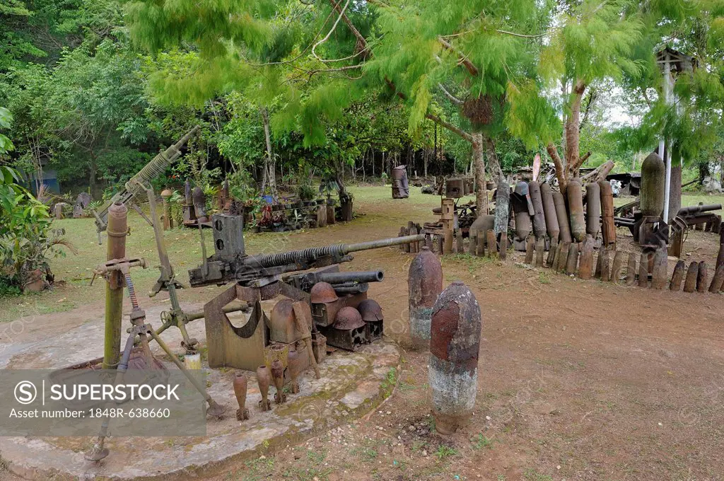 Weapons and ammunition from World War II, Pacific War, with relics from the region, Battle of Biak, Pacific War Museum near Kota Biak on Biak Island i...