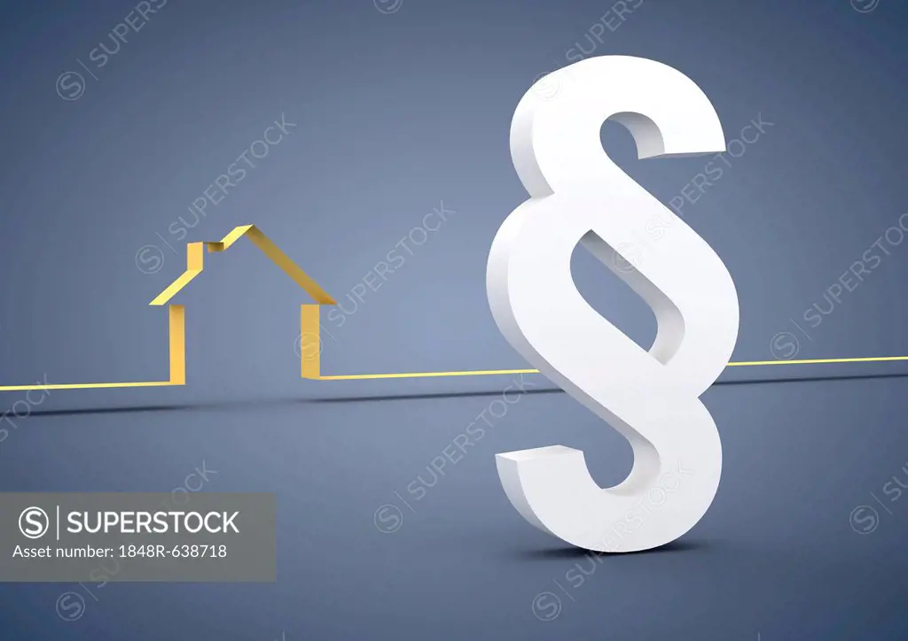 Home beside a section sign, used in Germany to refer to legal paragraphs, symbolic image for buying a house, 3D illustration