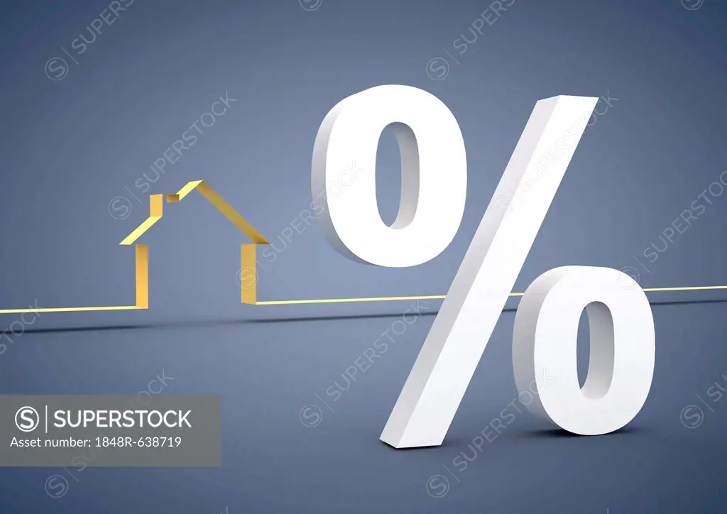 Home beside a percent sign, symbolic image for buying a house, home financing, 3D illustration