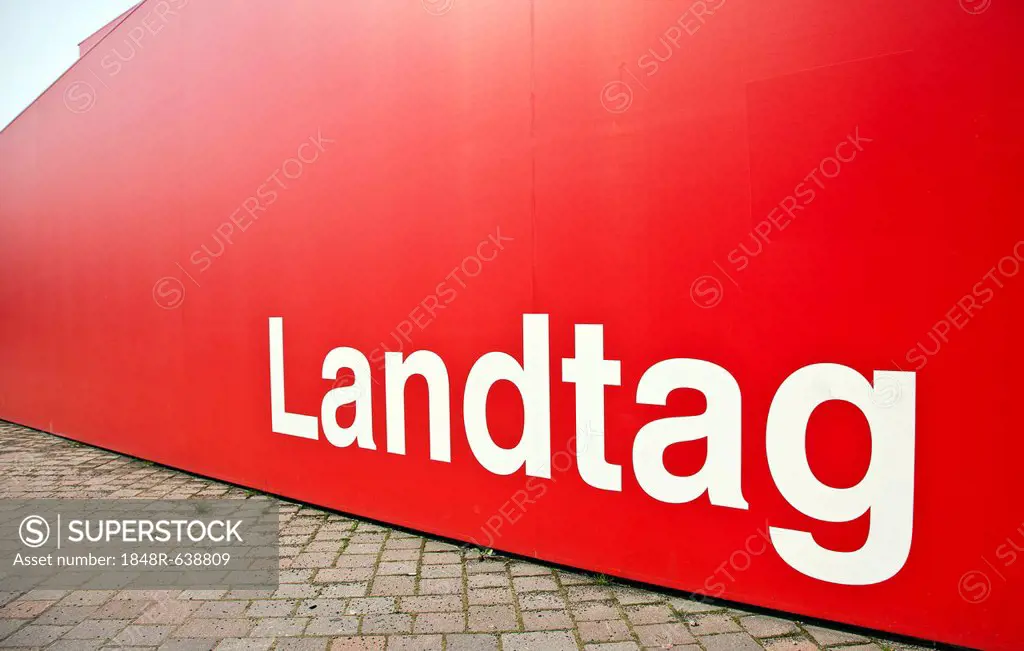 Landtag, state parliament, sign on a red observation deck in the centre of Potsdam, Brandenburg, Germany, Europe
