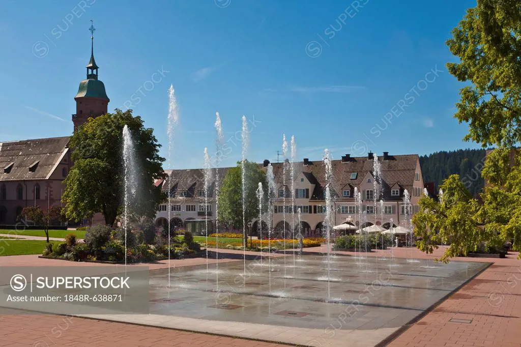 Brunnensee water fountains at Unterer Marktplatz, market square, Freudenstadt, Black Forest, Baden-Wuerttemberg, Germany, Europe