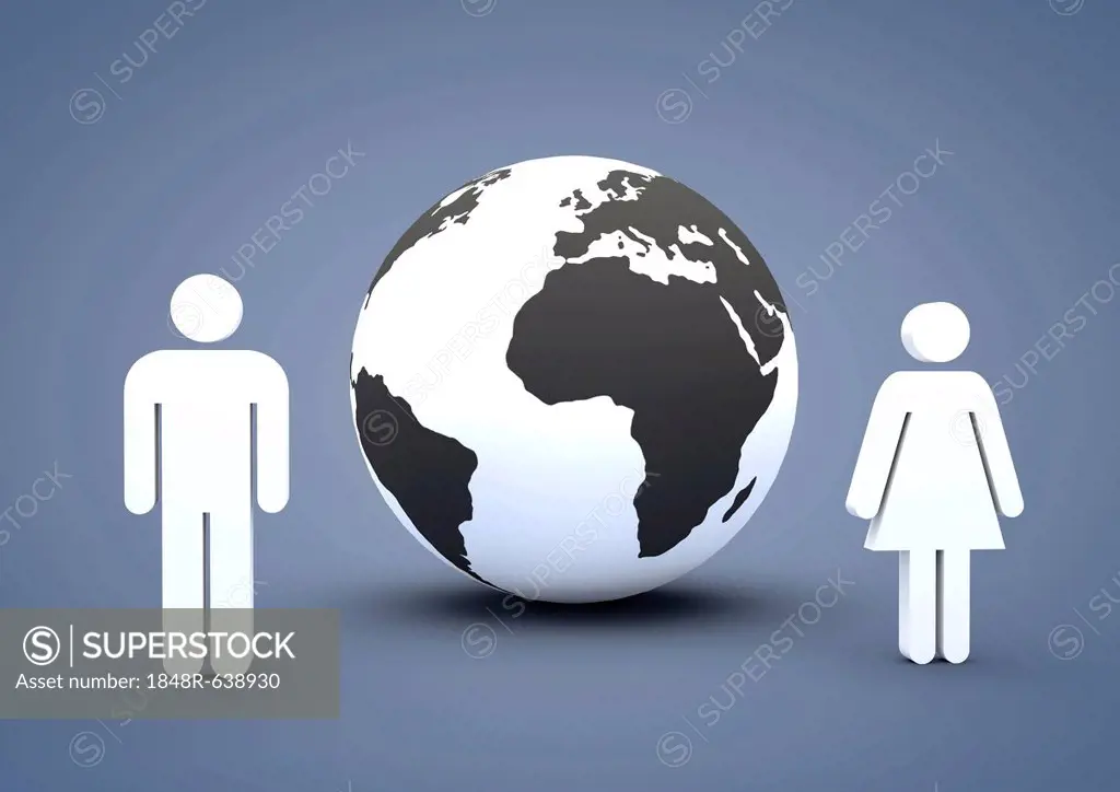 Pictograms of a man and a woman beside a globe, symbolic image for the sexes, 3D illustration