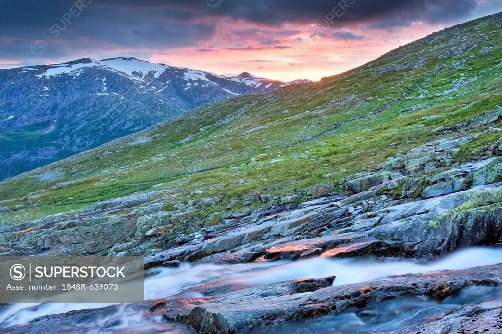 Mountain stream in Blakkådal, Blakkadal valley, Saltfjellet-Svartisen National Park, Nordland county, Norway, Scandinavia, Europe