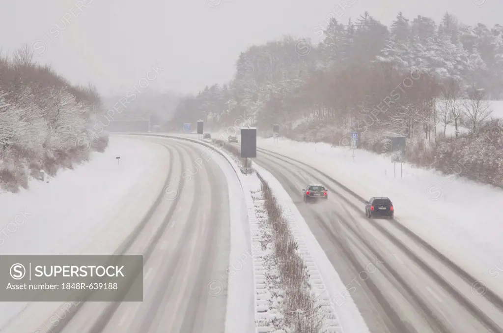 A81 motorway covered with snow near Rottenburg, Baden-Wuerttemberg, Germany, Europe