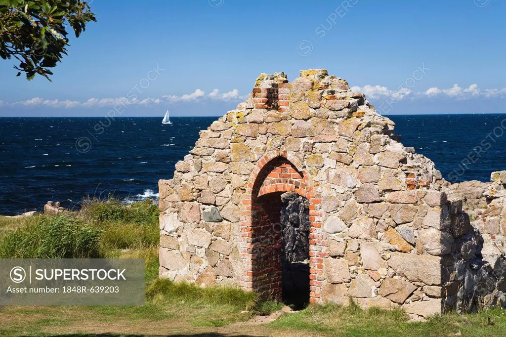 Salomons chapel in coastal landscape at the Hammer Odde northern tip of Bornholm, Denmark, Europe
