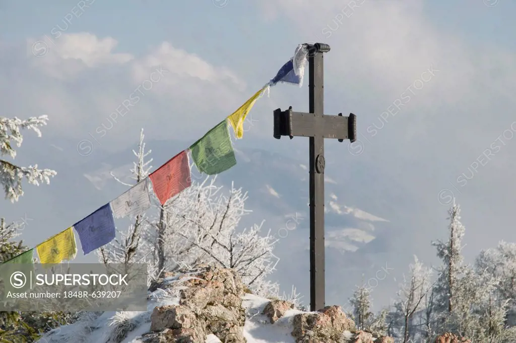Summit cross with prayer flags, Schieferstein mountain, Reichraming, Upper Austria, Europe