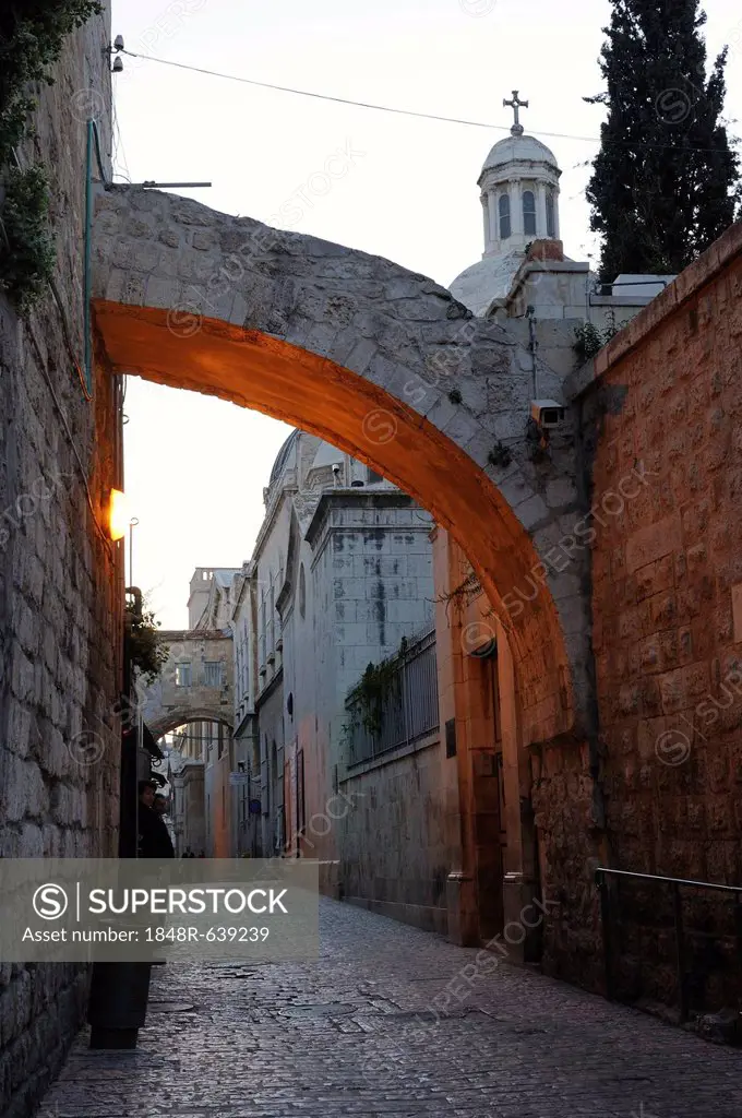 Evening mood in an empty lane on the Via Dolorosa, Arab Quarter, Old City of Jerusalem, Israel, Middle East, Asia