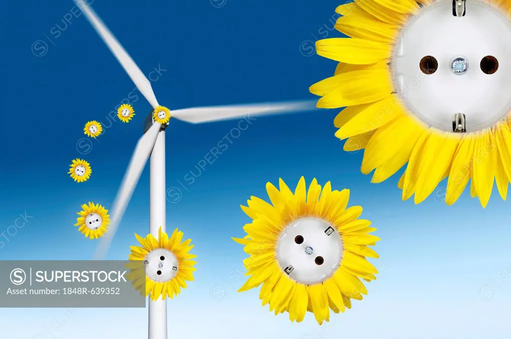 Symbolic image for wind power, sun flower sockets flying out of a wind turbine