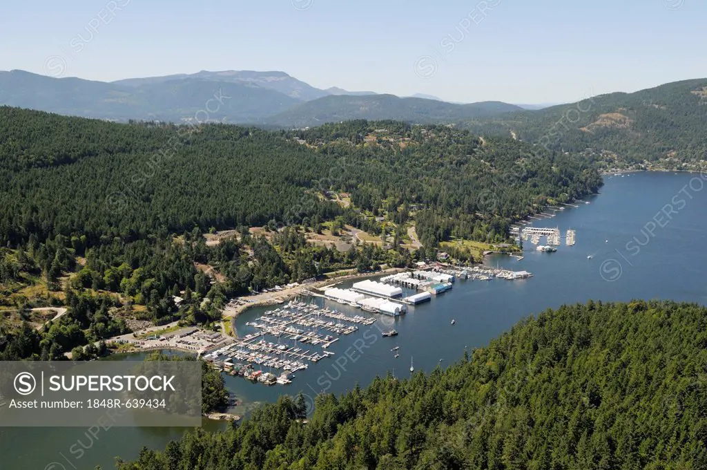 Aerial view of Maple Bay and Maple Bay Marina, Vancouver Island, British Columbia, Canada