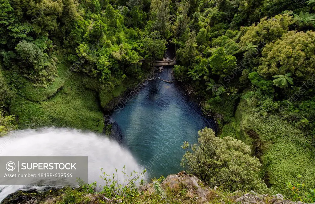 Bridal Veil Falls from above, plunging into a lake, Raglan, Waikato, North Island, New Zealand