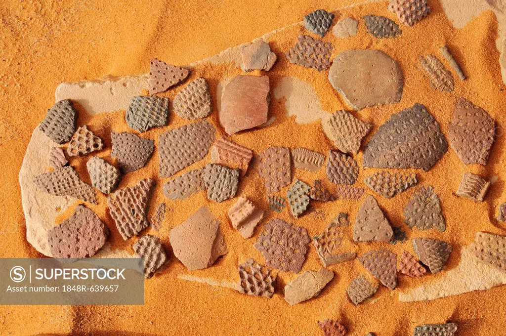 Pieces of historic pottery, Tadrart, Tassili n'Ajjer National Park, Unesco World Heritage Site, Algeria, Sahara, North Africa
