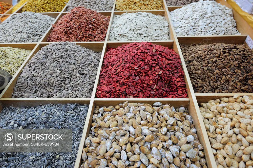 Stall with various nuts, Souq al Waqif, the oldest souq or bazaar in the country, Doha, Qatar, Arabian Peninsula, Persian Gulf, Middle East, Asia