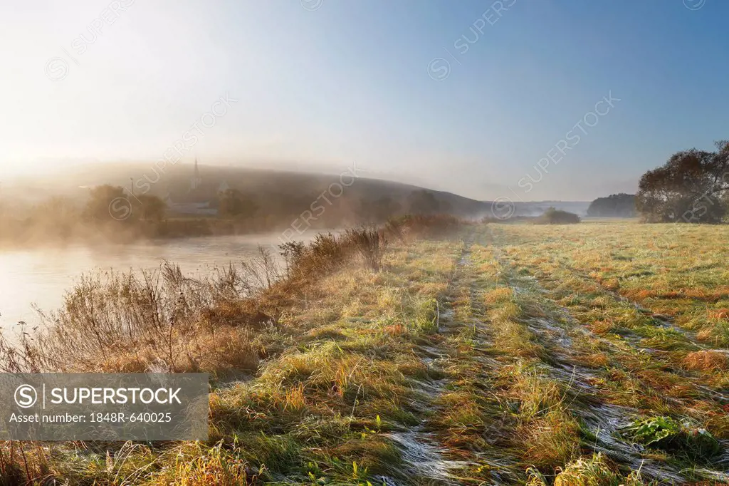Sunrise with morning fog, Main River, Stammheim am Main, Lower Franconia, Franconia, Bavaria, Germany, Europe