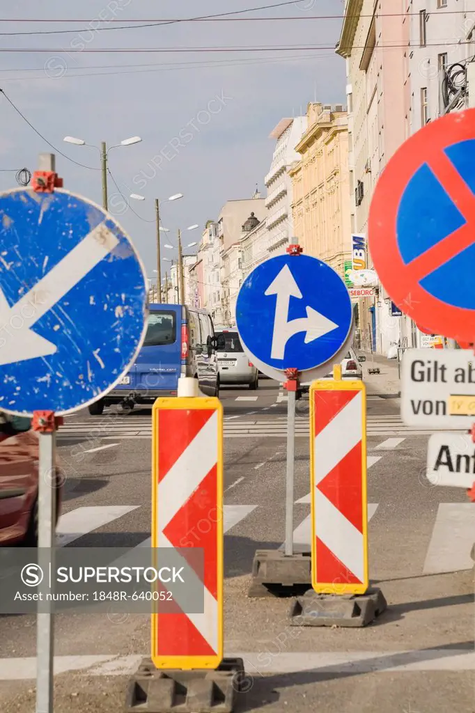 Traffic signs in a construction zone, Vienna, Austria, Europe