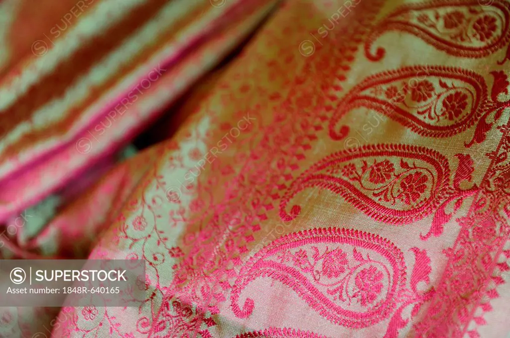 Benares silk with India droplet patterns, Varanasi, Uttar Pradesh, India, Asia