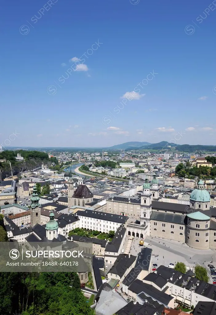 View of the historic district of Salzburg as seen from Hohensalzburg Castle, Kapitelplatz square and Salzburg Cathedral in the front, Austria, Europe