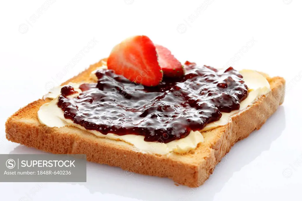 Slice of toast, toasted slice of bread, with strawberry jam and strawberry