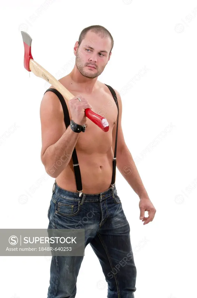 Bare-chested man holding an axe