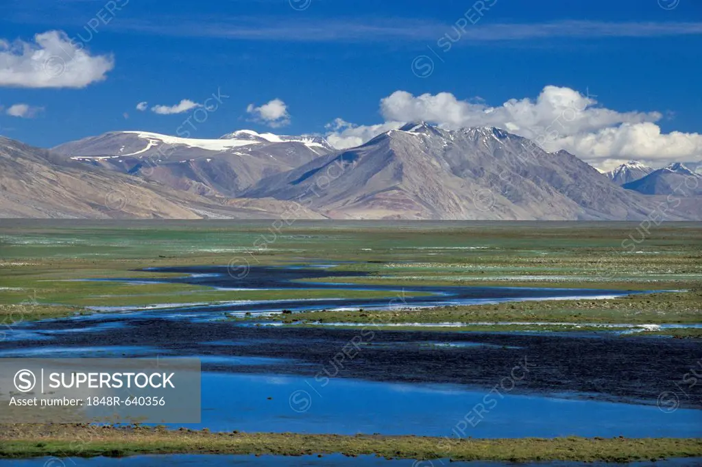 The plain south of Lake Moriri, Tso Moriri or Tsomoriri is criss-crossed by rivers, Kibber-Karzok-Trail, Changtang or Changthang, Ladakh, Indian Himal...