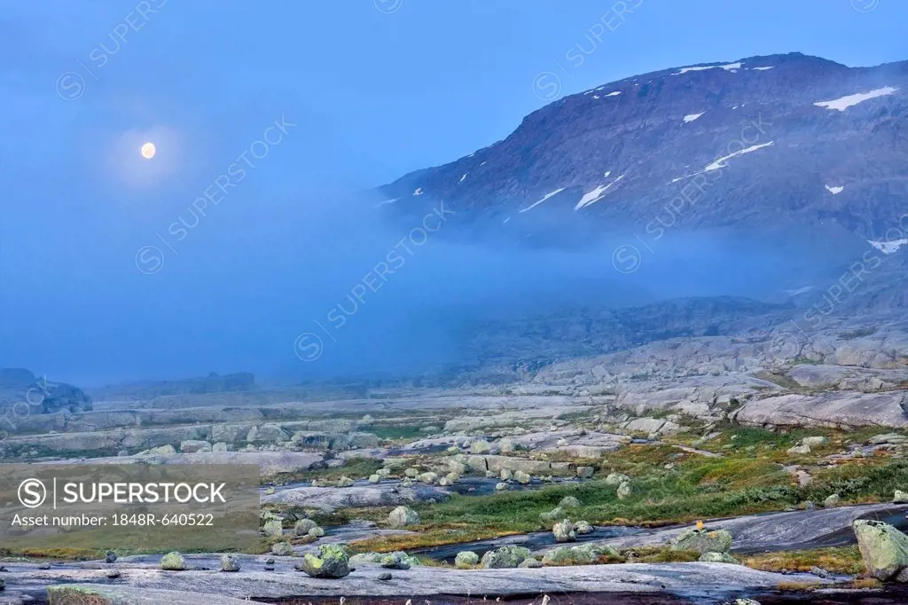 Rago massiv with moon in Rago National Park, Nordland county, Norway, Scandinavia, Europe