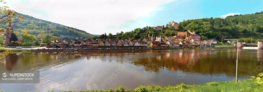 Panoramic view of the town with Hirschhorn Castle, Marktkirche Church, the Carmelite Monastery and the Neckar River, Hirschhorn, Neckartal-Odenwald Na...