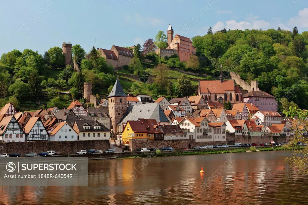 View of the town with Hirschhorn Castle, Marktkirche Church, the Carmelite Monastery and the Neckar River, Hirschhorn, Neckartal-Odenwald Nature Reser...