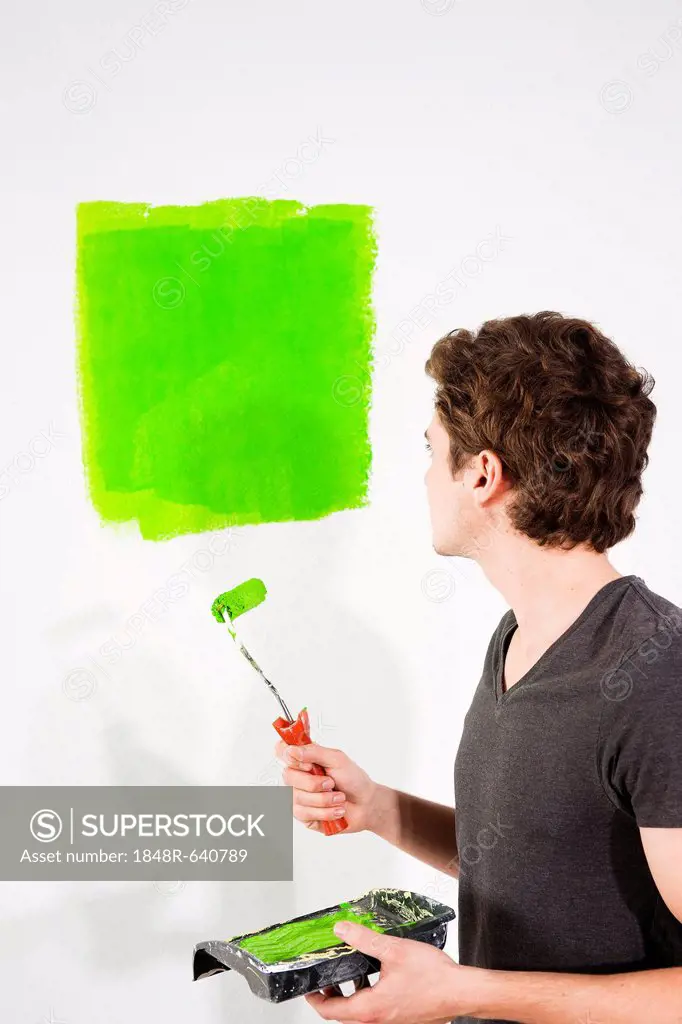 Young man painting a wall
