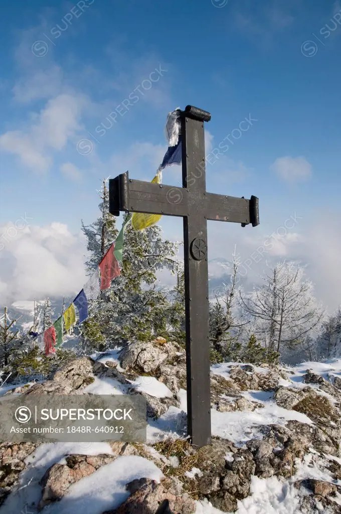 Summit cross with prayer flags, Schieferstein mountain, Reichraming, Upper Austria, Europe