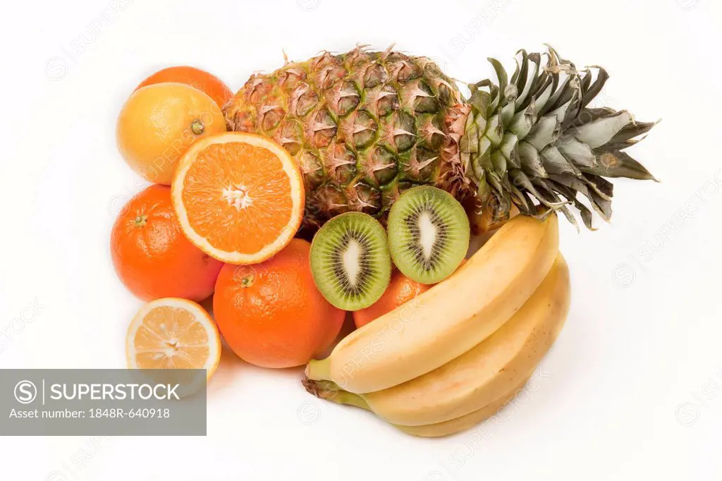 Assorted fruit, pineapple, kiwi fruit, oranges, lemon