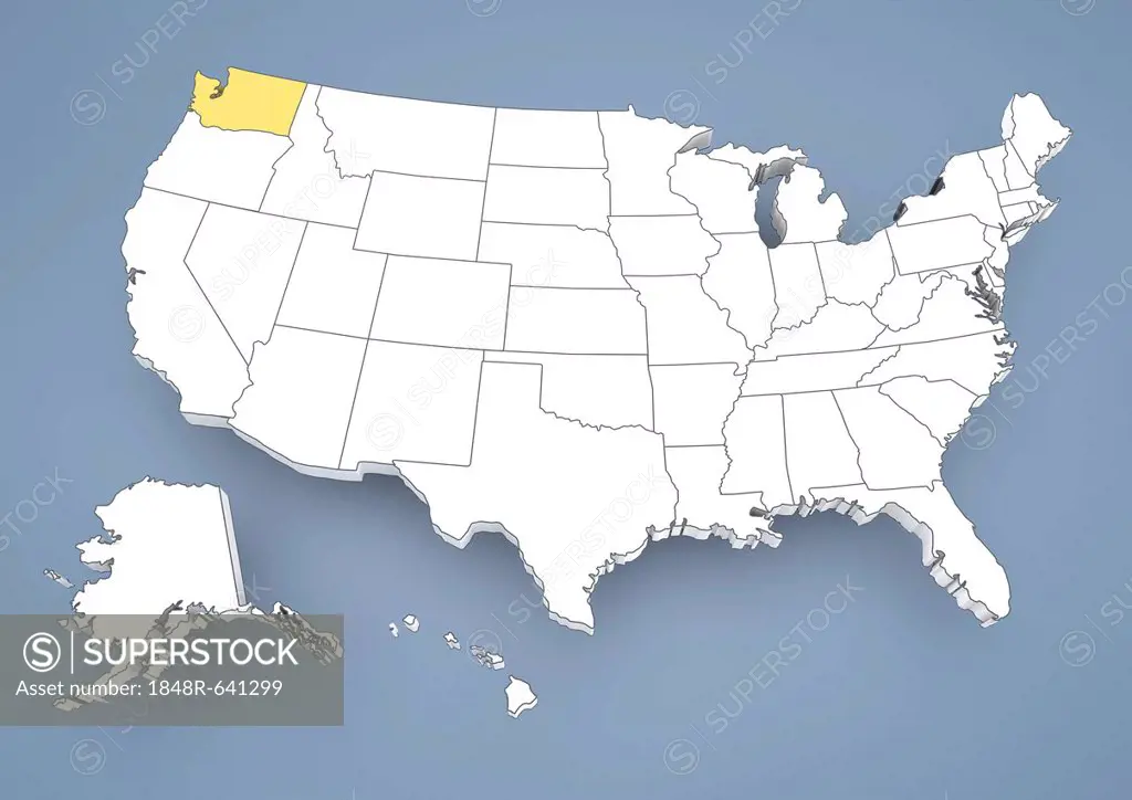 Washington, WA, highlighted on a contour map of USA, United States of America, 3D illustration