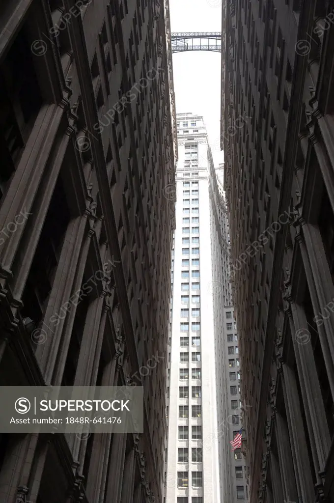 Narrow passage between high-rise buildings close to each other from a worm's-eye view, Financial District, Manhattan, New York City, USA, North Americ...