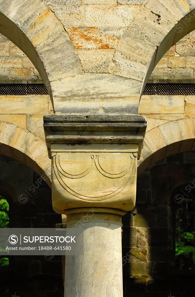 Round column with a Romanesque cube capital, ruins of Paulinzella Abbey, Rottenbachtal, Thuringia, Germany, Europe