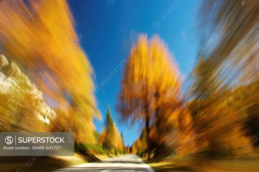 Drive through the autumnal Dolomites, Italy, Europe