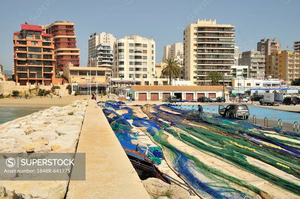 Fishing nets in the port of Calpe, Costa Blanca, Spain, Europe