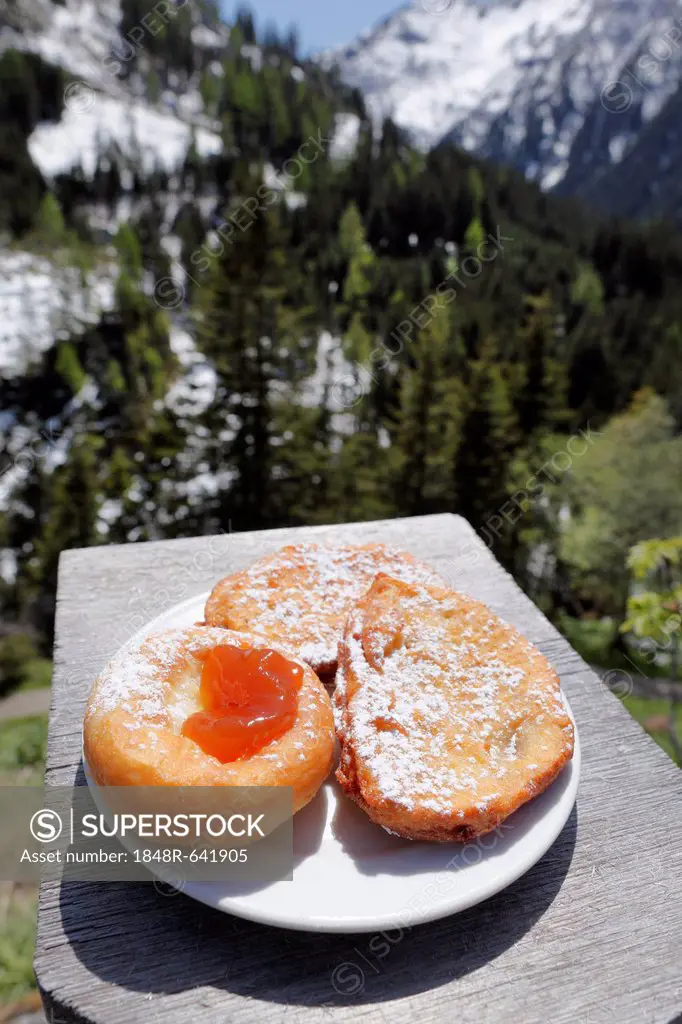 Donuts and plum fritters, Gfoelleralm restaurant, Soelktaeler Nature Park, Schladming Tauern mountains, Upper Styria, Styria, Austria, Europe